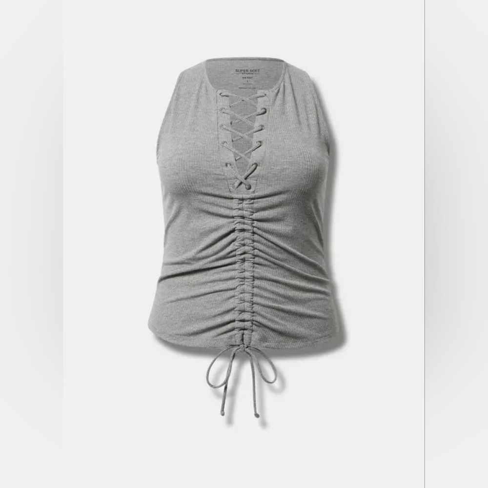Super Soft Rib Lace Up Ruched Tie Front Crop Tank  - PLUS SIZE 00/ M/L/10 D6-8 - Picture 5 of 7